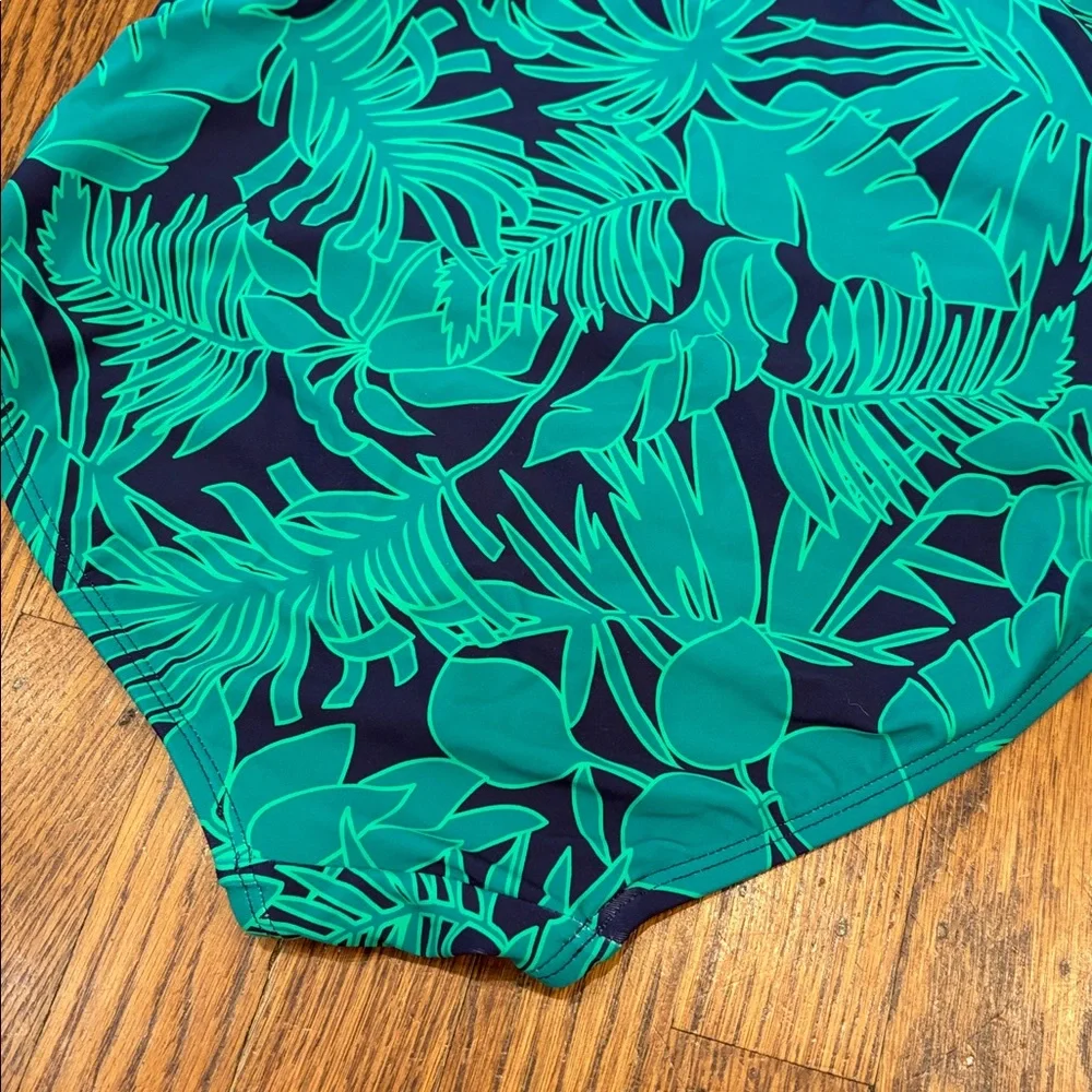 Lands' End Women's One Piece Swimsuit — Navy & Emerald Green Leaf Print — Size S